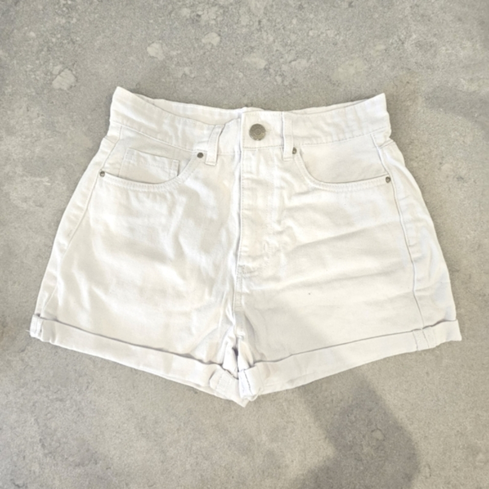 Refuge High Waist White Denim Shorts with Distressed Hem